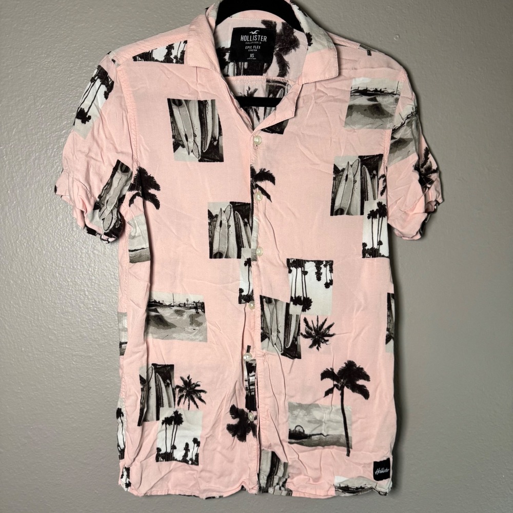 Hollister Mens Epic Flex Pink Surf Photo Print Short Sleeve Button Down Shirt XS